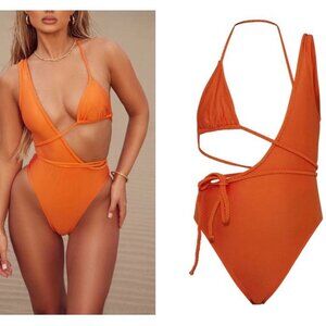 PrettyLittleThing NWT Orange Monokini Plait Detail Asymmetric Swimsuit